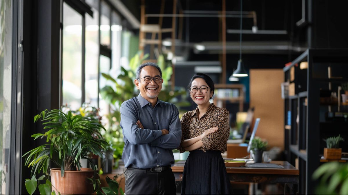 Two staff members at a modern Indonesian tech workplace, standing side by side, smiling.